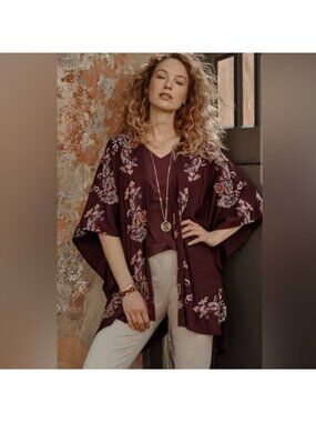 J. Jill Spiced Wine Embroidered Paisley Ruana Kimono Wrap Cardigan XL-3X